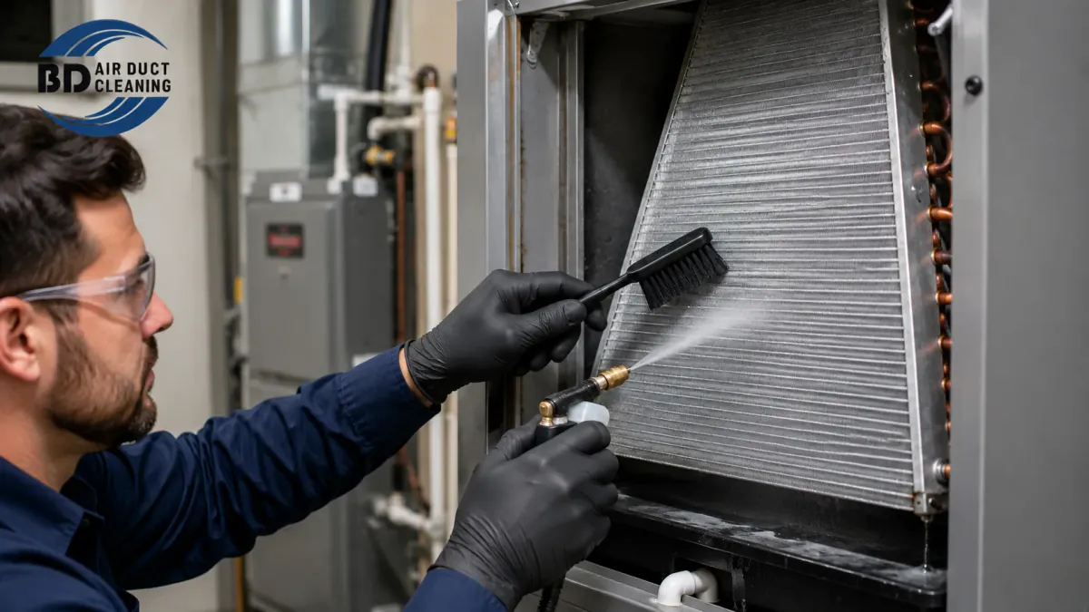 Evaporator coil cleaning on an indoor AC unit in Toronto by Believer Duct Cleaning