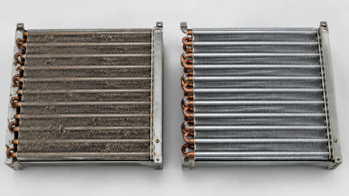 Comparison of a dirty AC coil next to a clean coil after cleaning