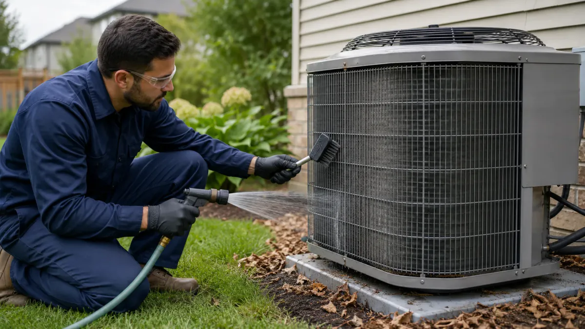 Condenser coil cleaning on an outdoor AC unit in Toronto