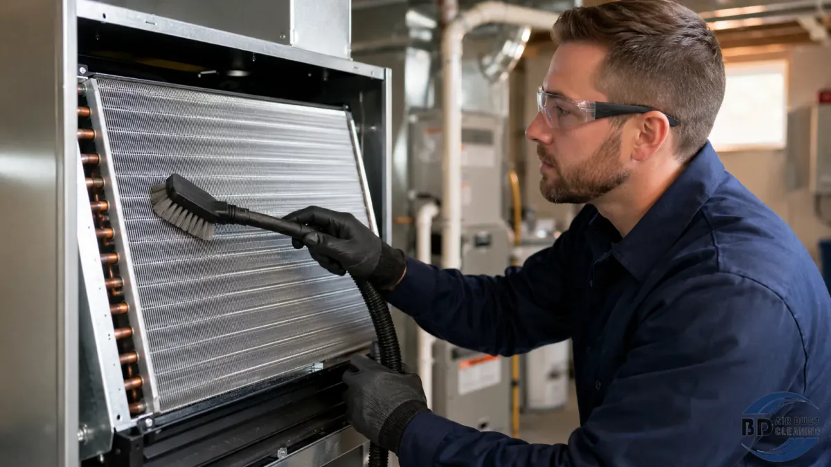 Technician performing AC coil cleaning on an HVAC system in Toronto
