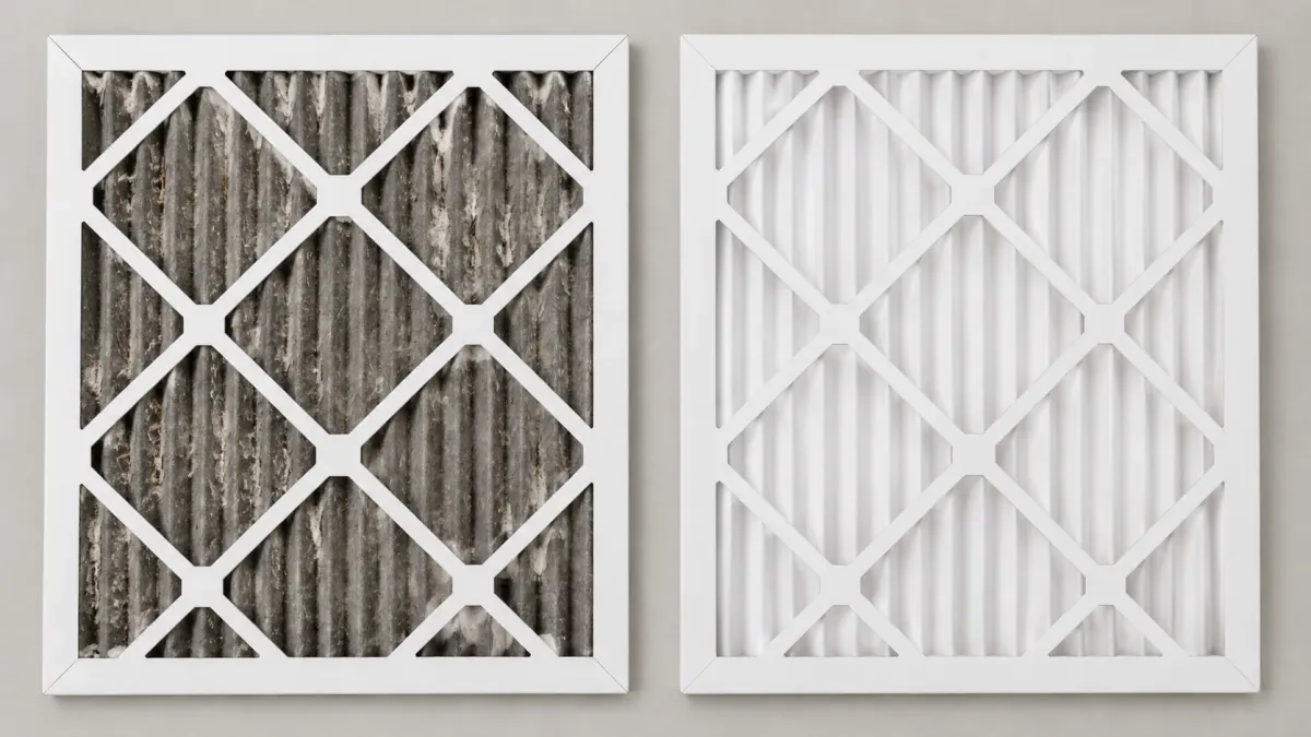 Comparison of a dirty overdue air filter next to a clean replacement filter