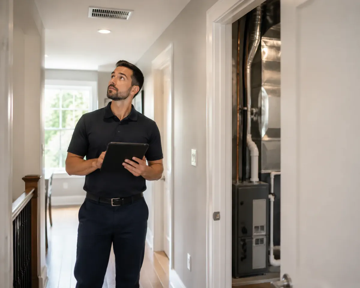 Technician evaluating the source of an indoor air quality concern in a Toronto home
