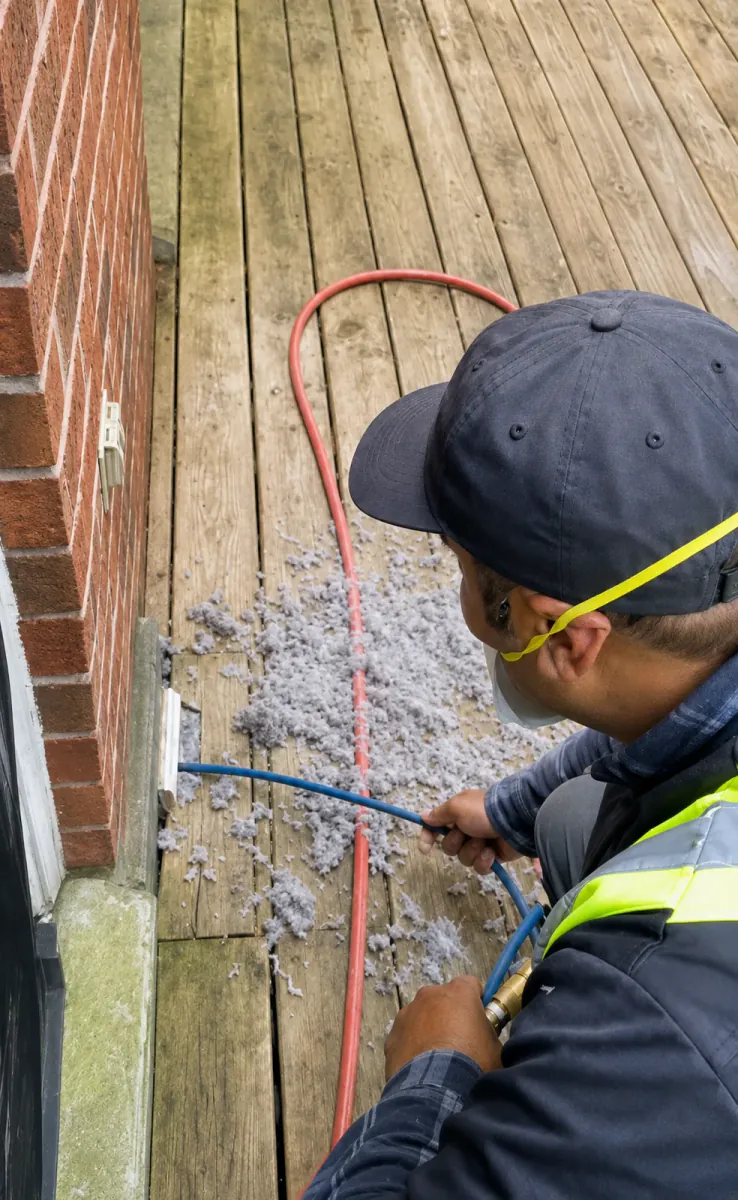 Technician using compressed-air equipment during professional furnace and air duct cleaning service
