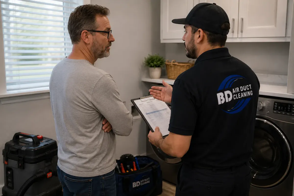 Technician discussing dryer vent cleaning service and pricing with a homeowner in a residential laundry room
