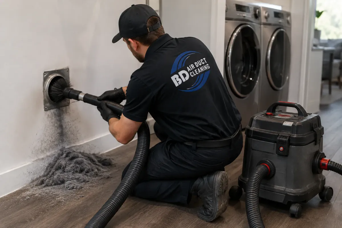 Technician removing lint from a residential dryer vent using professional equipment