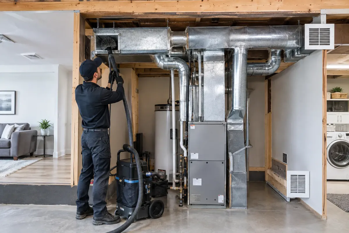 Professional technician cleaning residential HVAC ductwork with specialized equipment beside a furnace in a Toronto-area home
