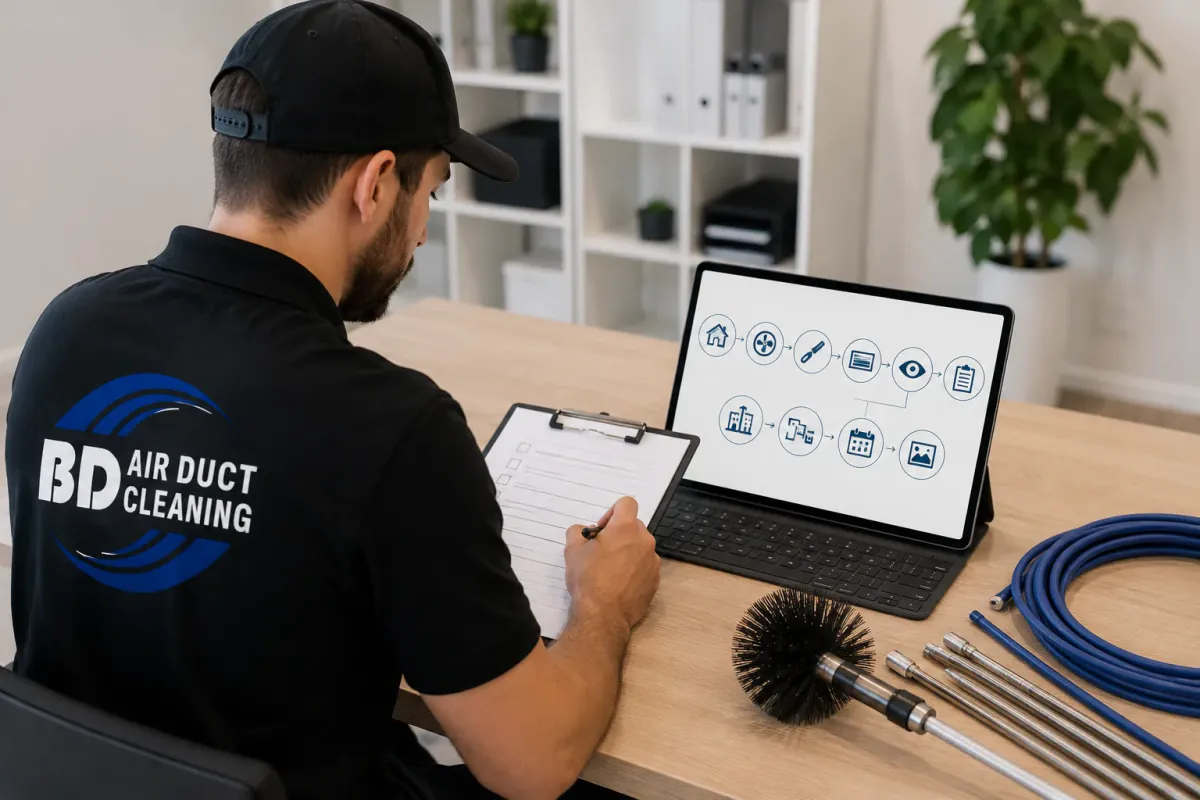 Technician reviewing service details and property information for a duct cleaning quote