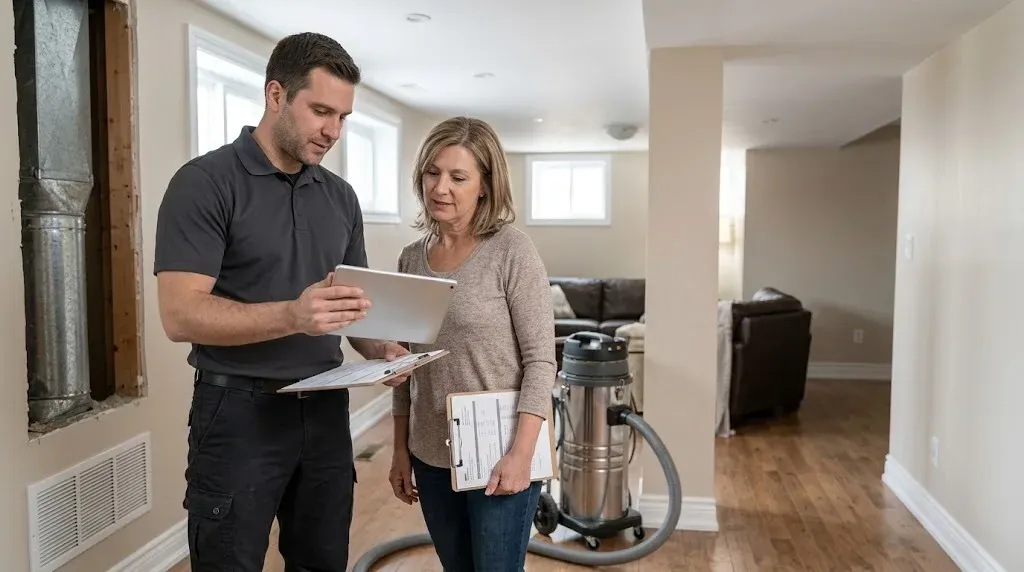 Technician discussing a duct cleaning service scope with a homeowner