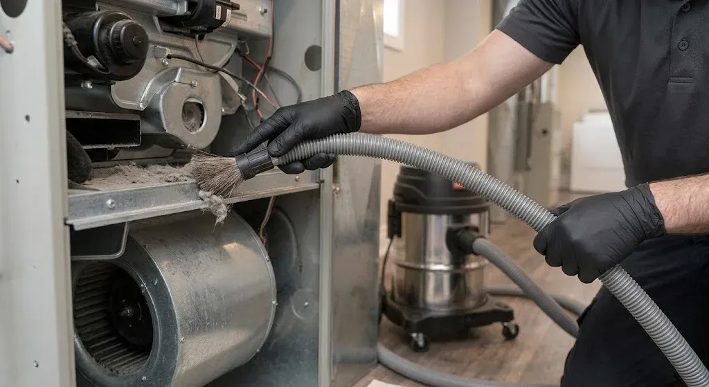 Technician cleaning dust buildup on accessible furnace surfaces