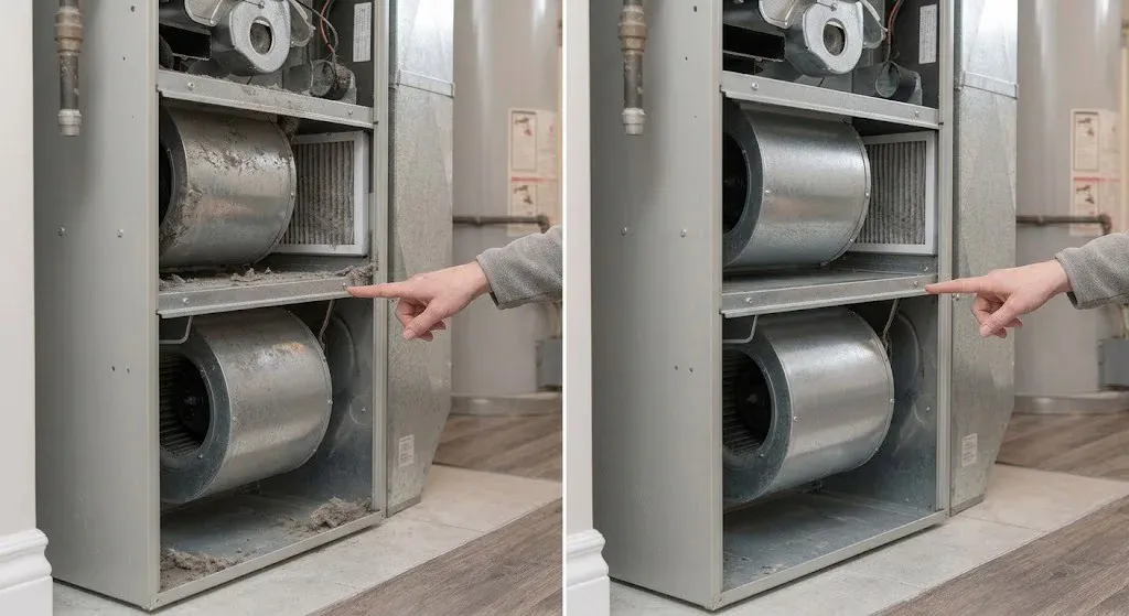 Before and after furnace cleaning showing dust removed from accessible furnace components