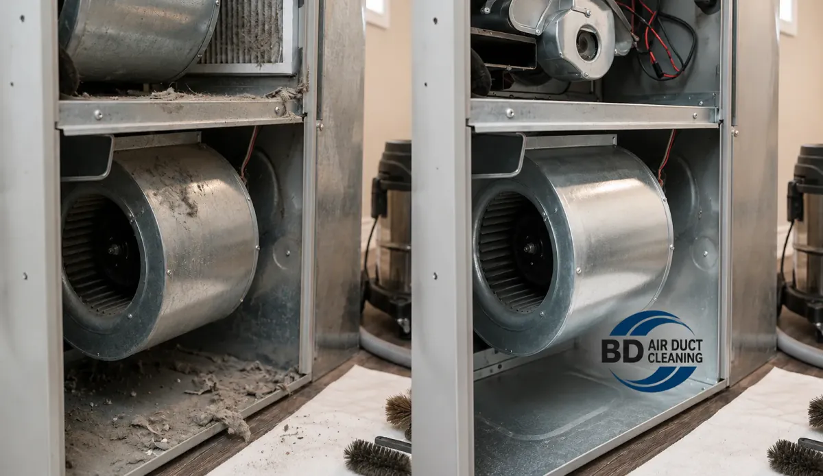 Technician performing furnace maintenance and cleaning on accessible furnace components