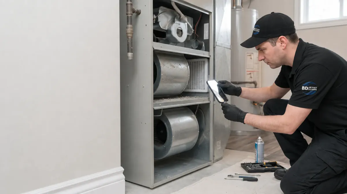 Technician performing furnace maintenance in a Toronto home