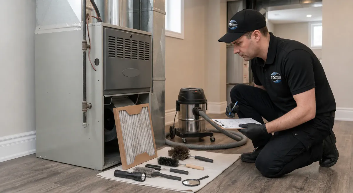Technician performing furnace maintenance and inspecting the air filter in a Toronto home