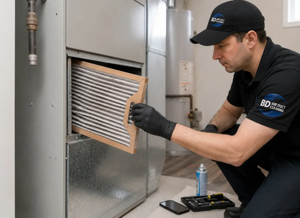Technician replacing an air filter during furnace maintenance in a Toronto home