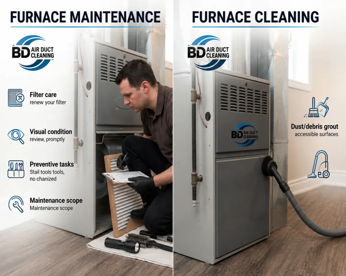 Comparison of furnace maintenance and furnace cleaning services, showing technician inspection, filter care, and professional furnace cleaning