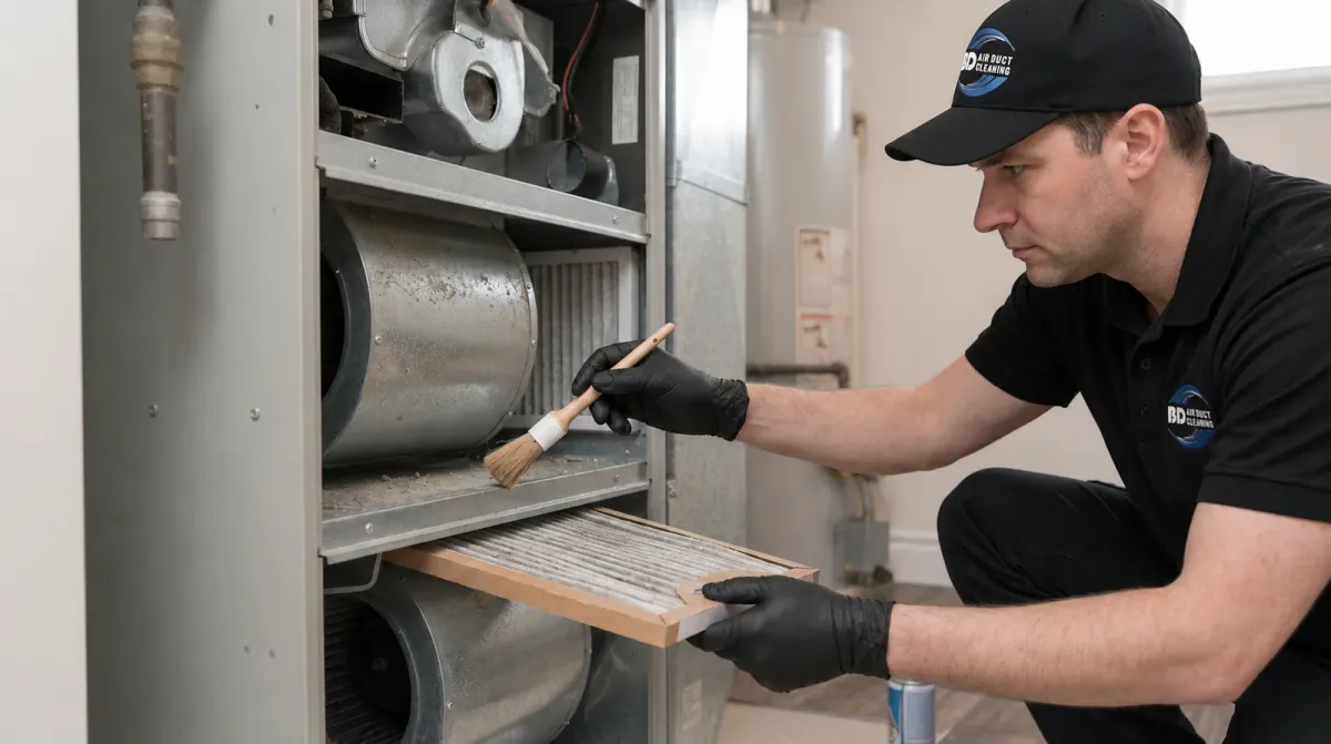 Technician performing furnace cleaning and maintenance work