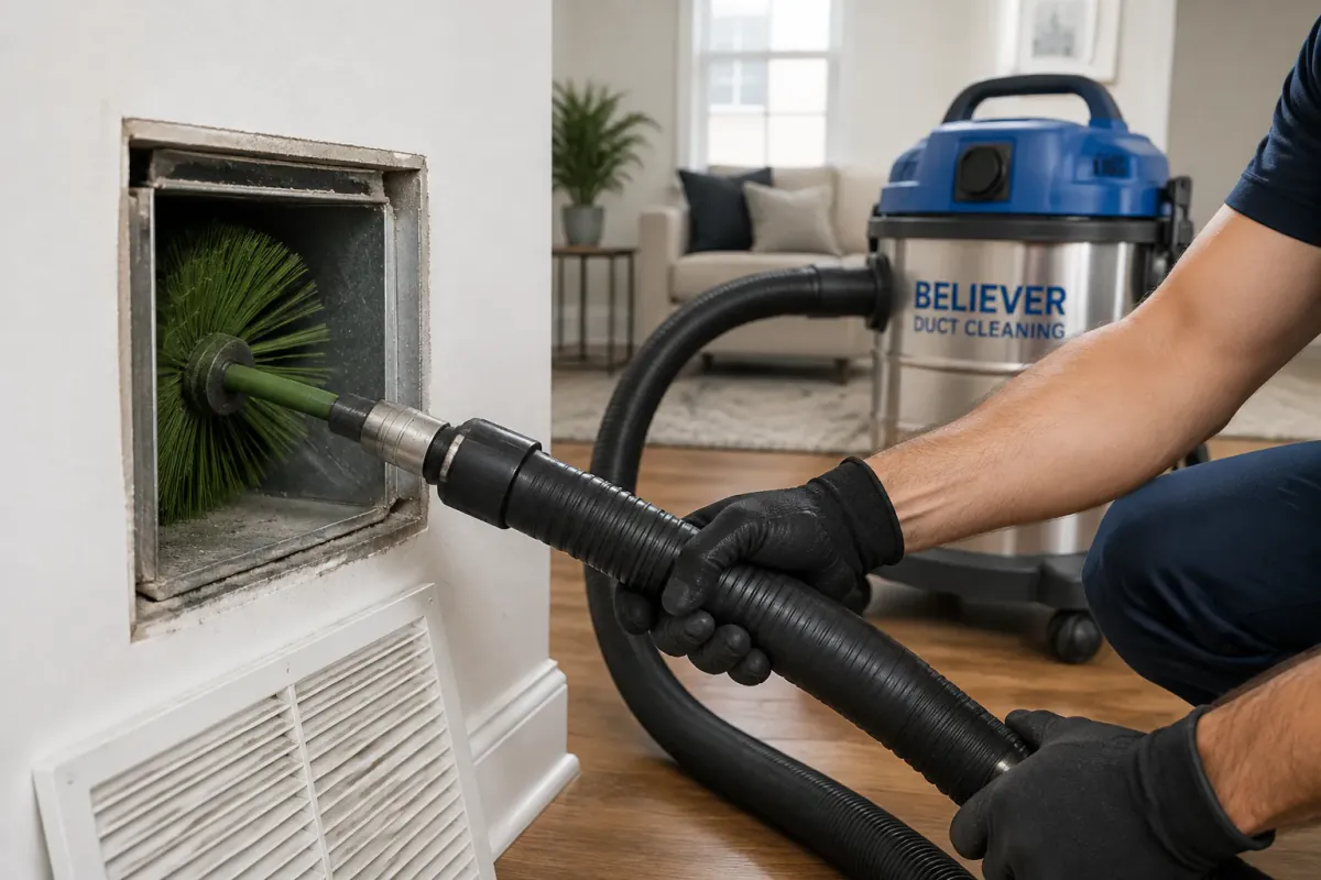 Duct cleaning brush and vacuum hose removing debris from a home vent
