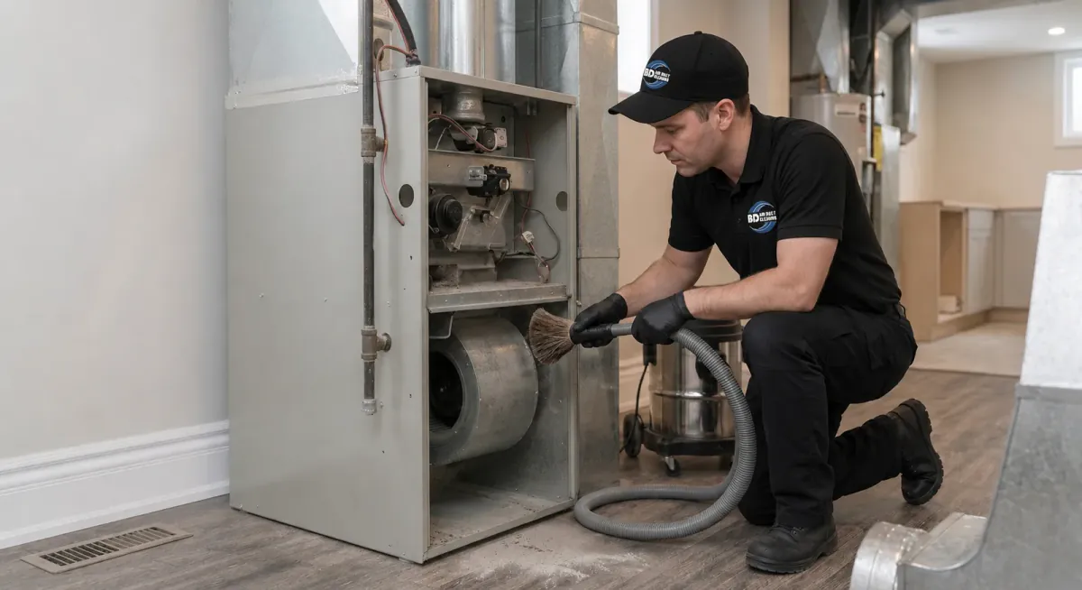 Technician cleaning accessible furnace and HVAC components with professional equipment in Toronto