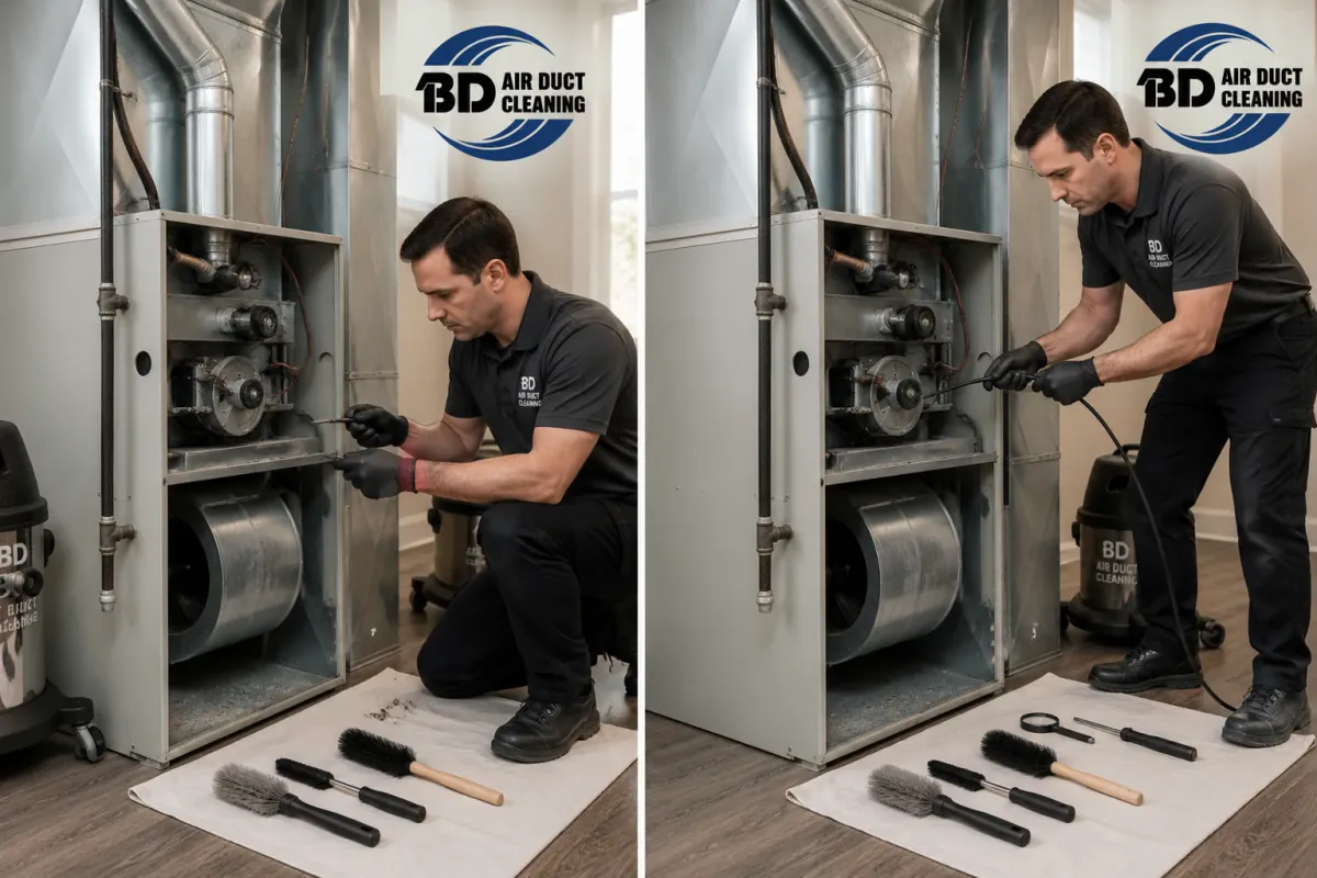 Technician using professional tools to clean accessible HVAC components in Toronto