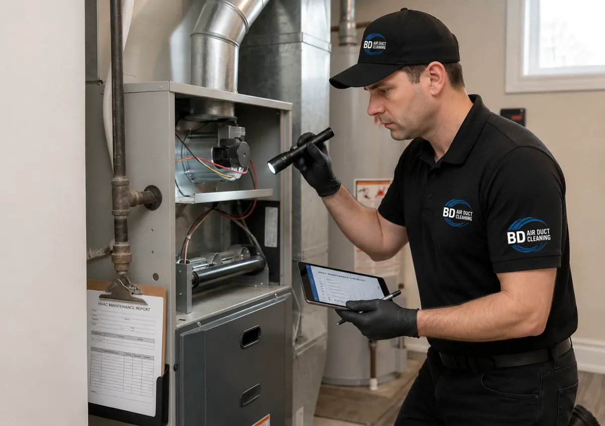 Technician performing an HVAC inspection in a Toronto home