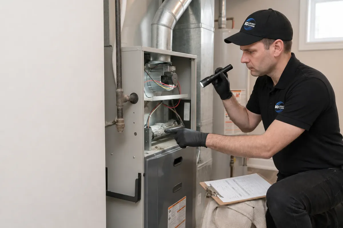 Technician inspecting accessible HVAC components in a Toronto home