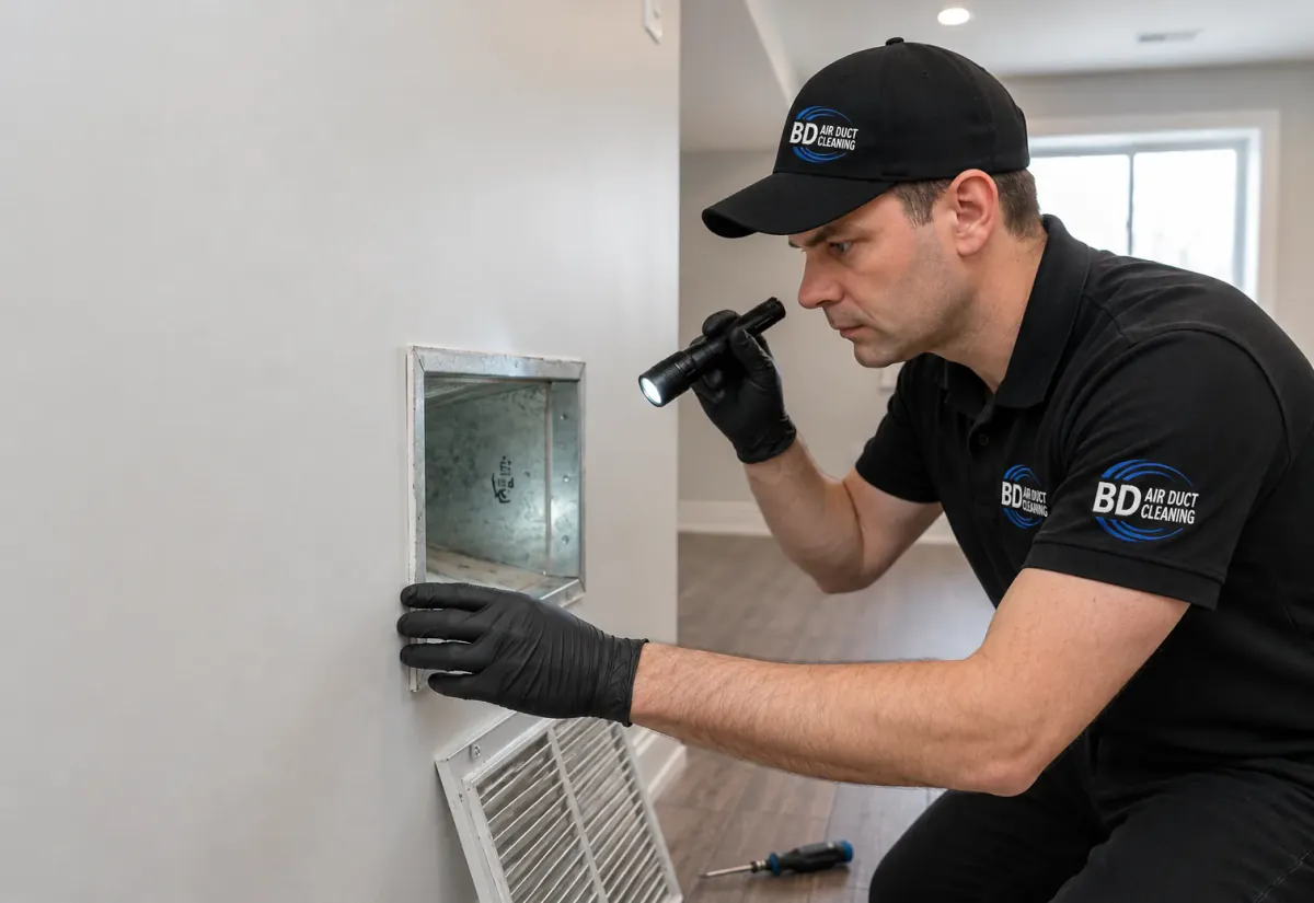 Accessible HVAC components being checked for visible buildup during an inspection