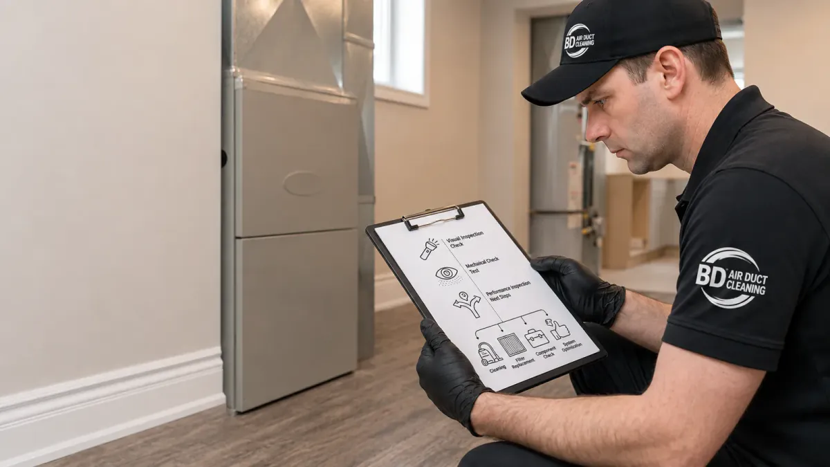 Technician checking accessible HVAC components during a Toronto inspection