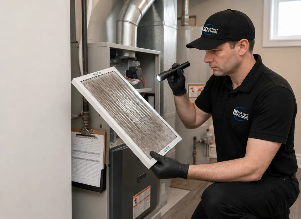 Accessible HVAC components being checked for visible buildup during an inspection