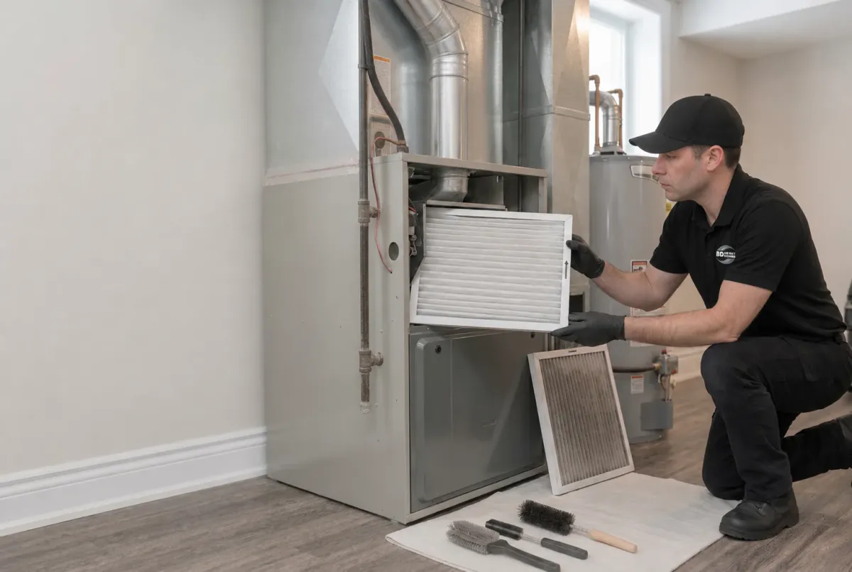 Technician performing HVAC maintenance in a Toronto property