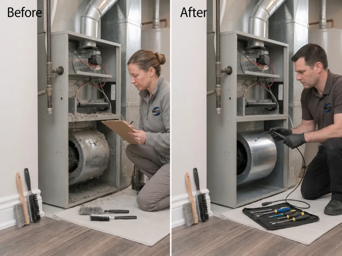 Before and after HVAC component cleaning during a maintenance service in Toronto