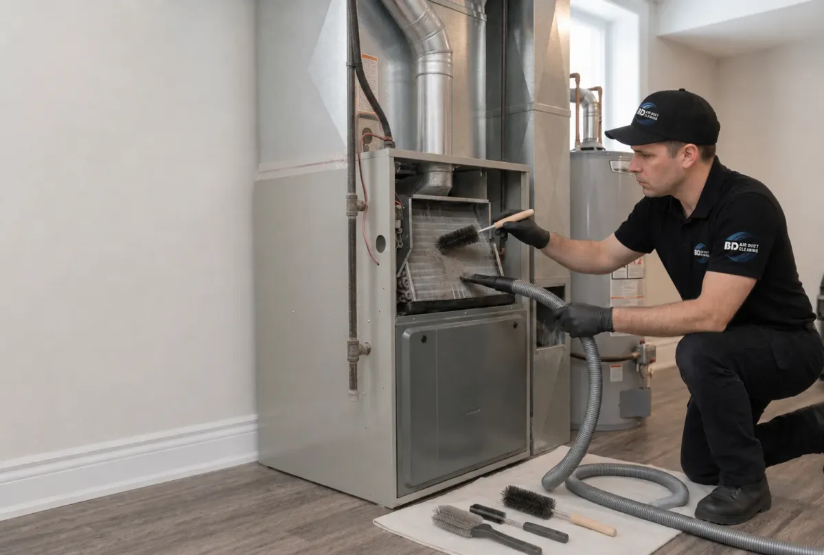 Technician carrying out HVAC maintenance and component cleaning in a Toronto property