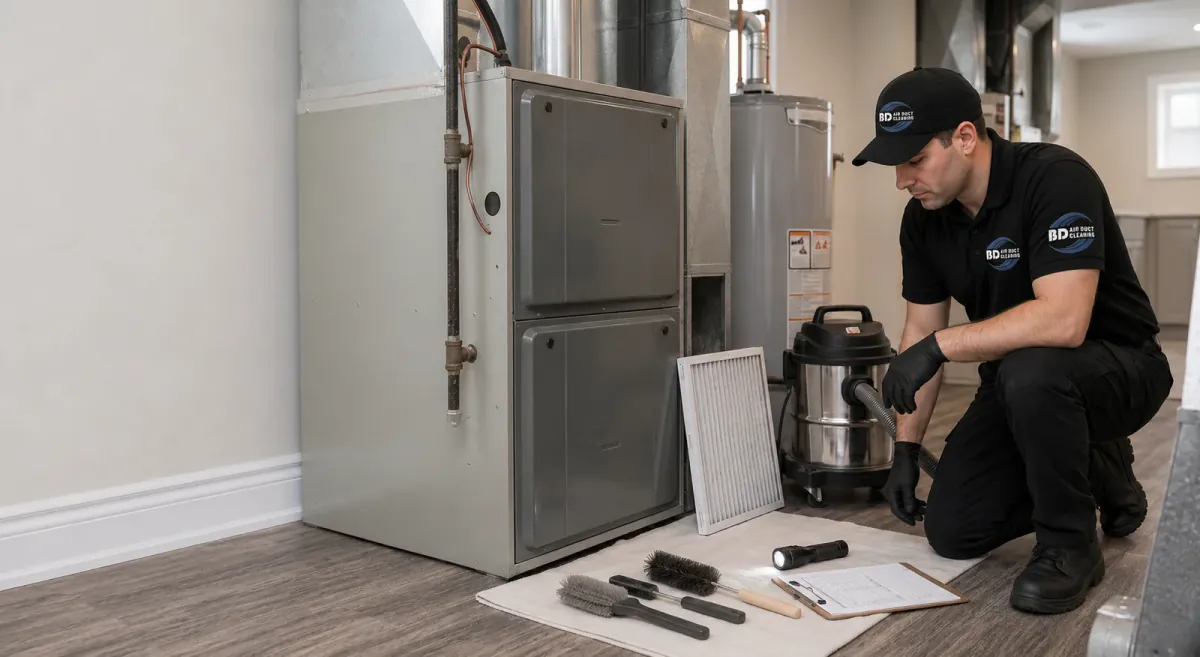 Technician with professional HVAC maintenance tools, vacuum equipment, brushes, and an air filter in a Toronto property