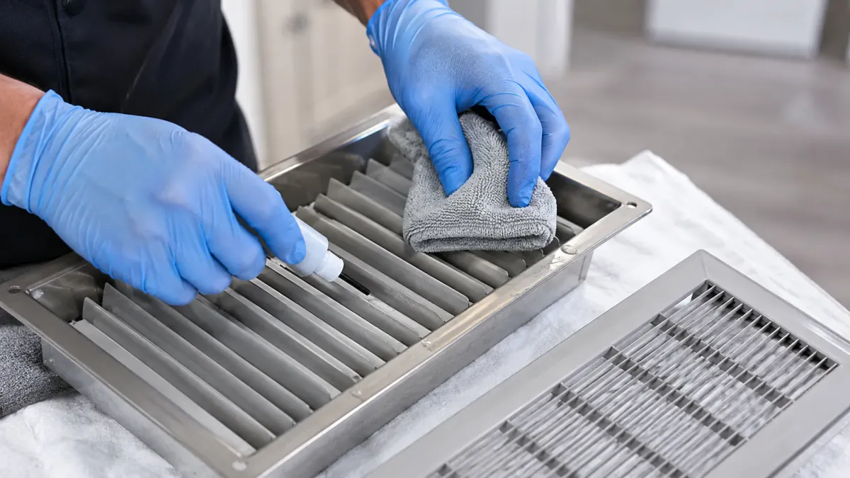 Treating accessible vent and register surfaces during HVAC sanitization