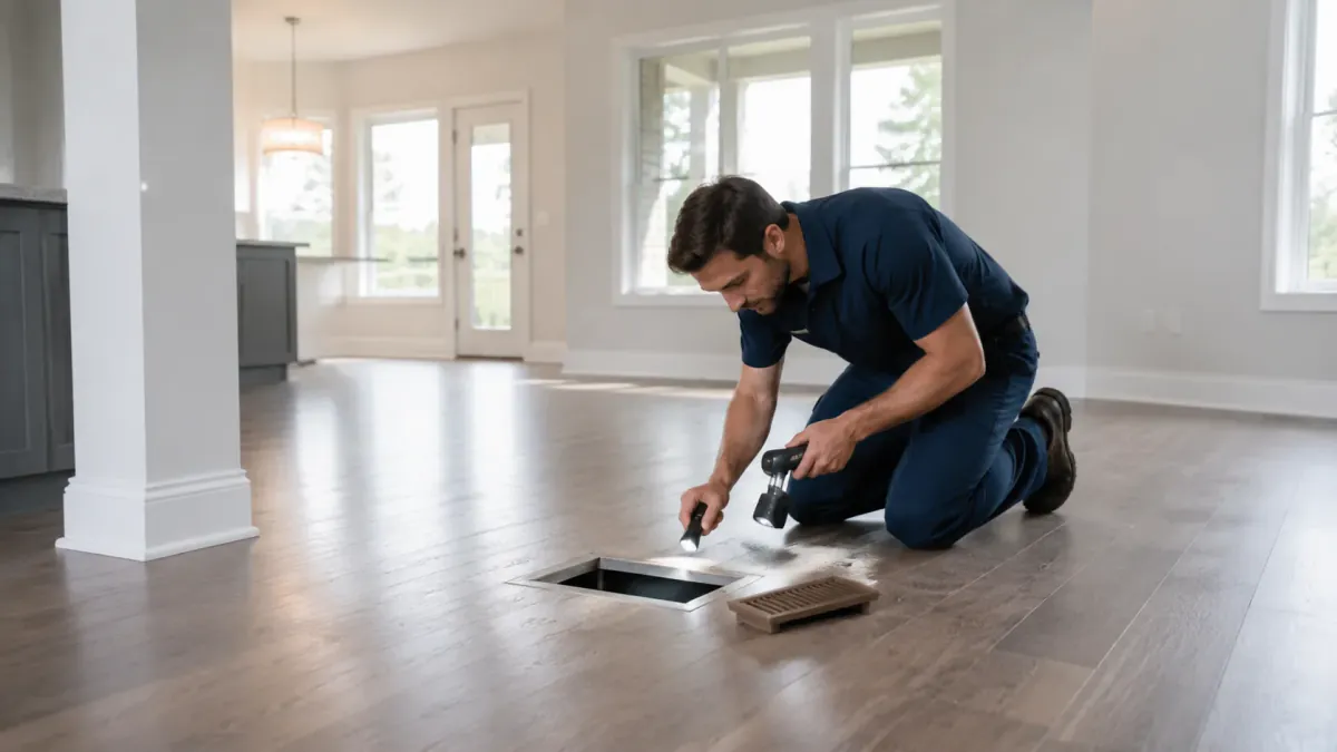 Inspecting vents in an empty home before furniture arrives