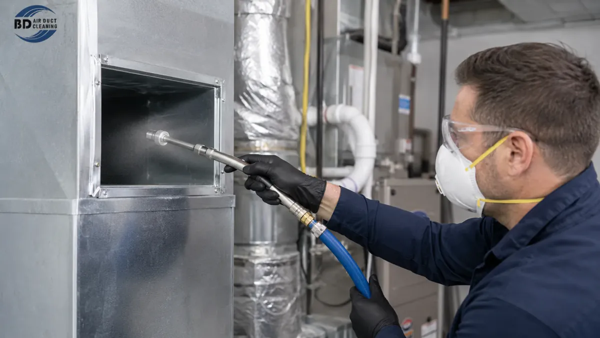 Odor removal in Toronto by Believer Duct Cleaning technician locating an odor source