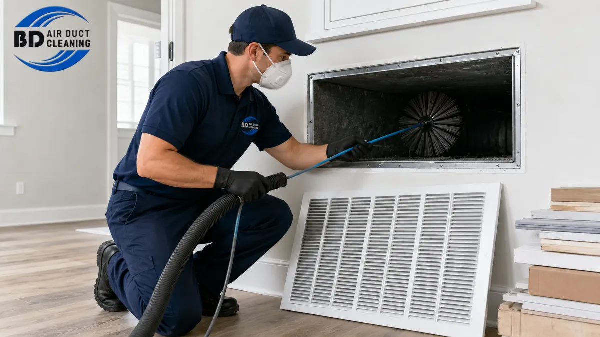 Cleaning an exposed return-air duct after renovation in Toronto by Believer Duct Cleaning