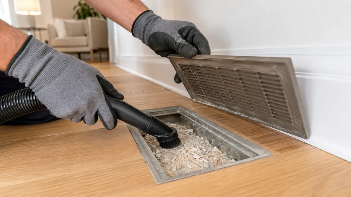 Removing sawdust and loose debris from a floor register after renovation