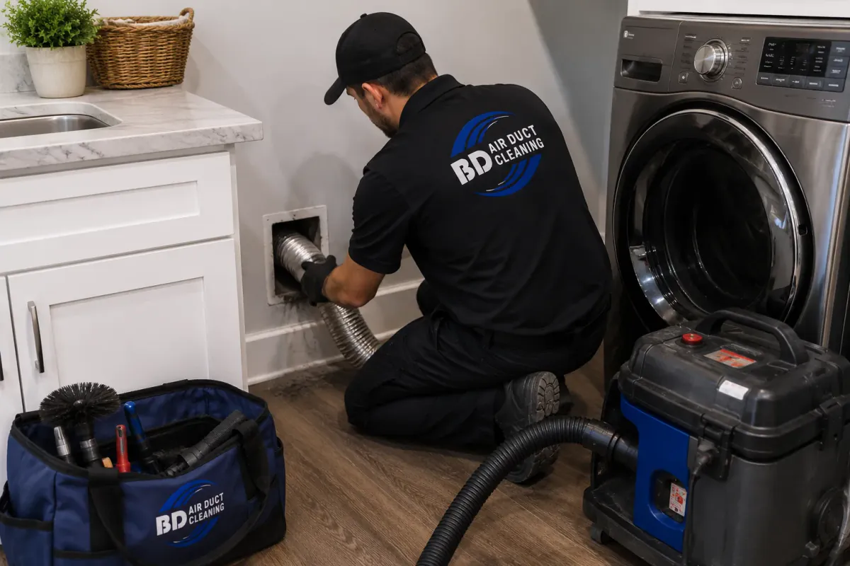 Technician removing lint from a dryer vent
