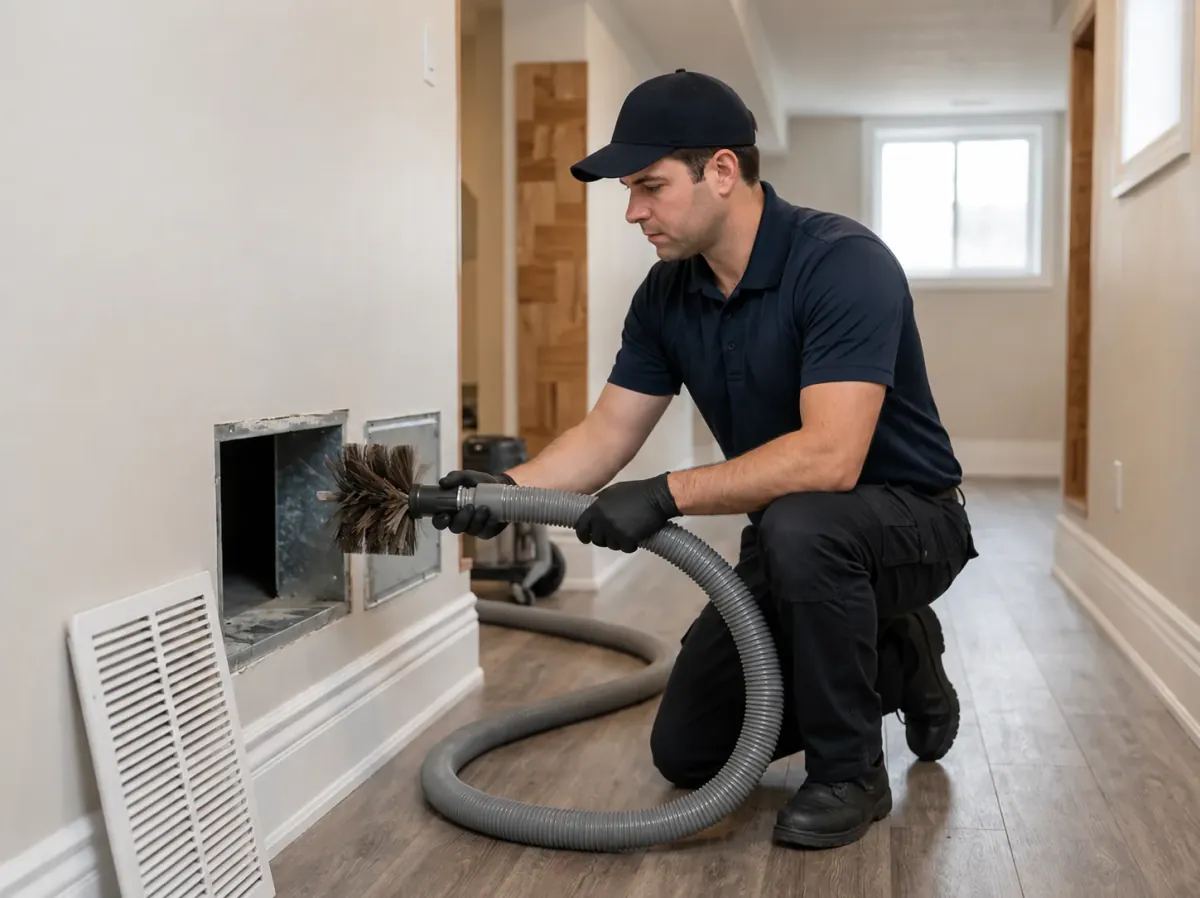 Technician cleaning residential air ductwork