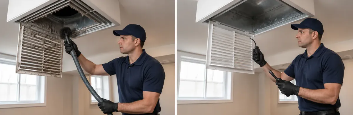Before-and-after view of a residential air duct, showing visible dust buildup before professional duct cleaning and a clean duct interior after service