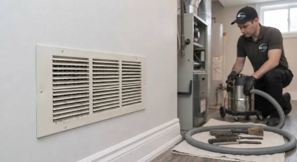 Dust being removed from an HVAC vent register during professional vent cleaning