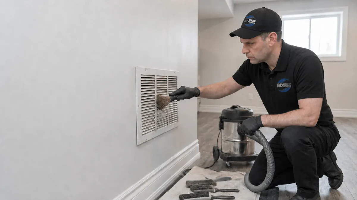 Technician cleaning an accessible HVAC vent grille