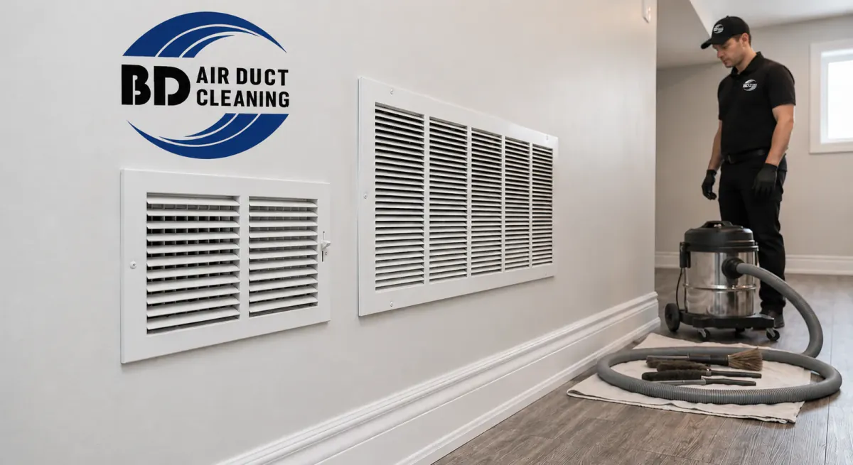 Technician cleaning an HVAC vent register in a Toronto home