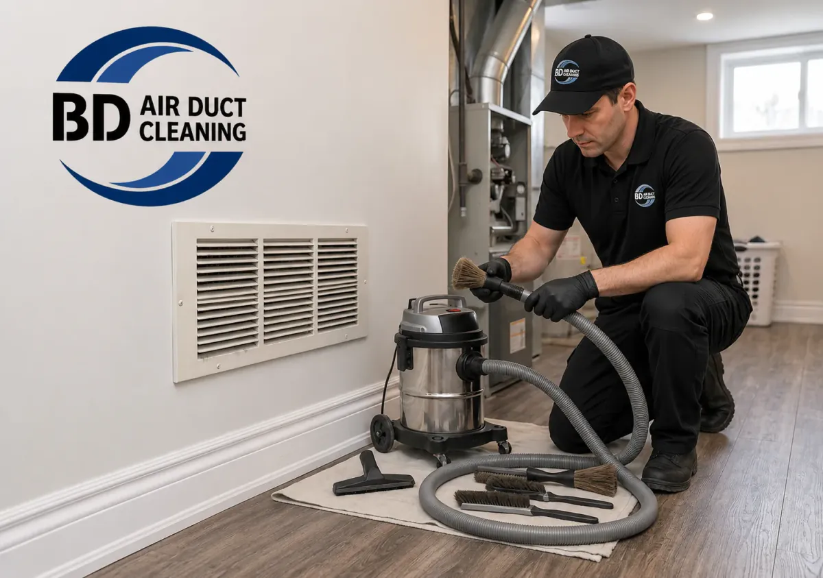 Vent cleaning equipment prepared beside an HVAC register