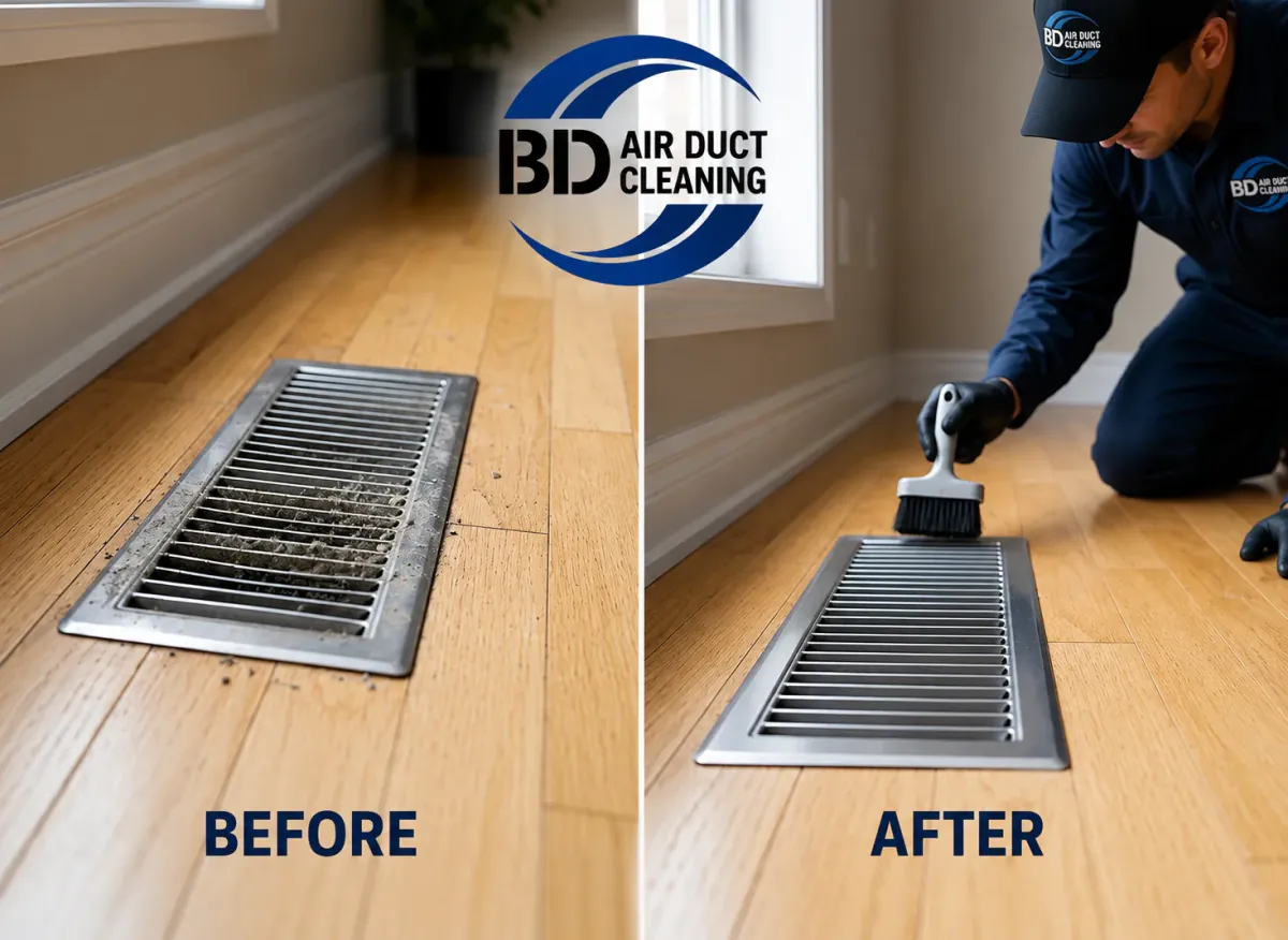 Dust buildup on an HVAC register before vent cleaning and the cleaned register after professional vent cleaning