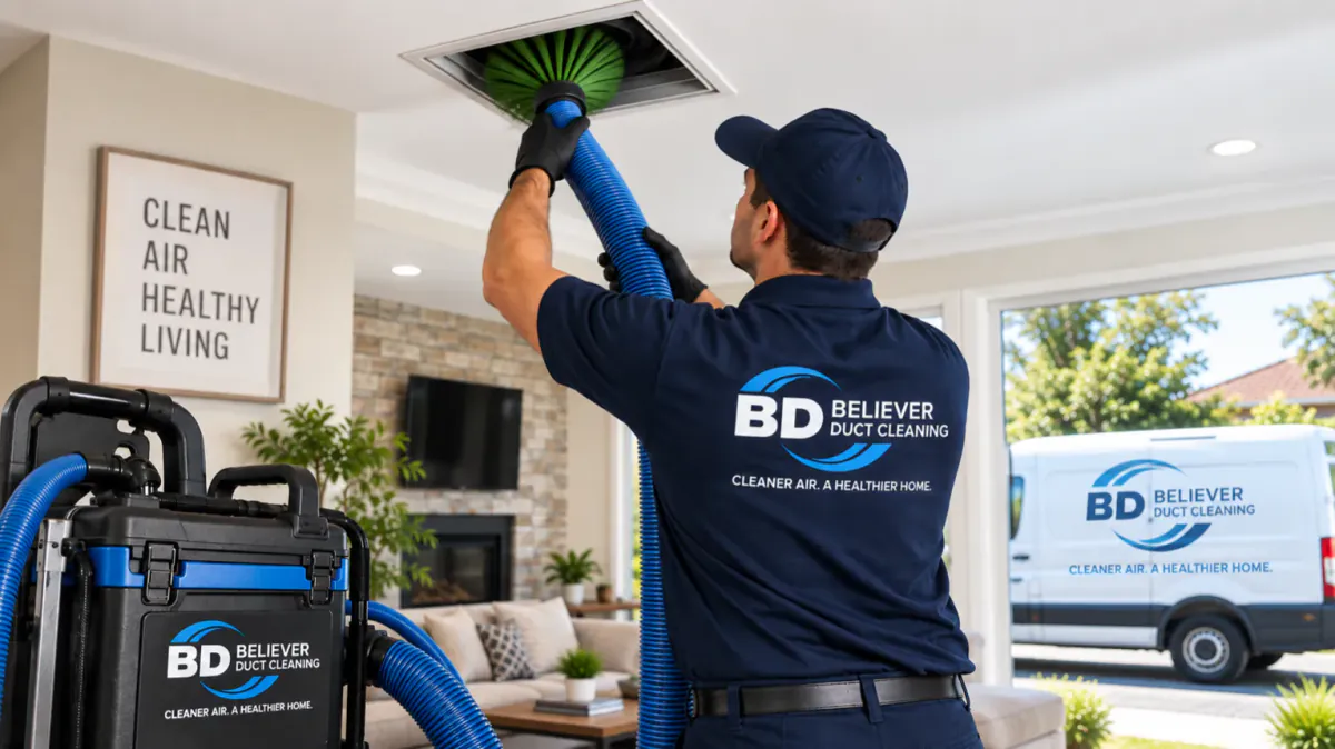 Technician performing residential air duct cleaning with professional duct cleaning equipment